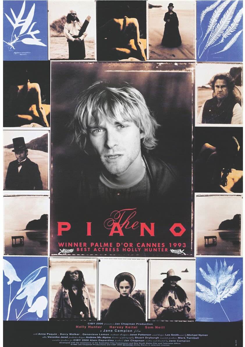 Ο Kurt Cobain στην αφίσα της τελευταία ταινίας που είδε, το The Piano της Jane Campion, σε redesign του Stanley Schtinter. Ευγενική παραχώρηση του καλλιτέχνη.